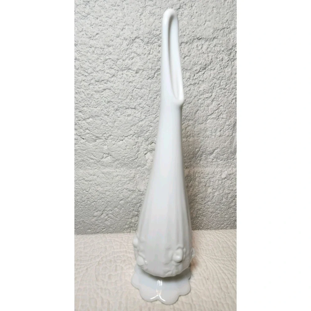 Vintage Fenton white milk glass bud vase, Cabbage Rose Pattern 10